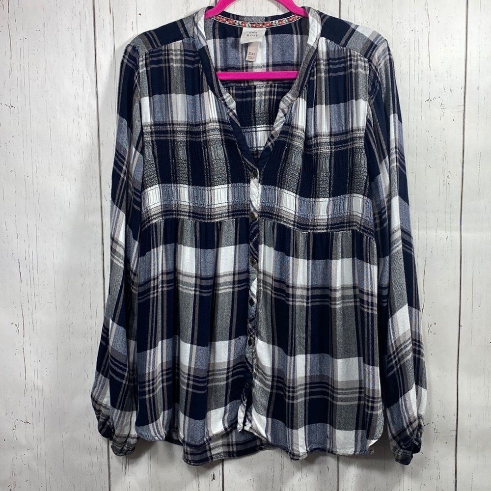 Knox Rose Womens Plaid Flannel Peplum Smoked Babydoll Western Shirt